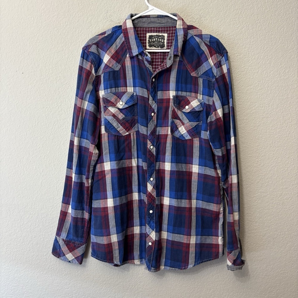 BKE Vintage Men's Long Sleeve Pearl Snap Red White Blue Shirt Size Large  Buckle